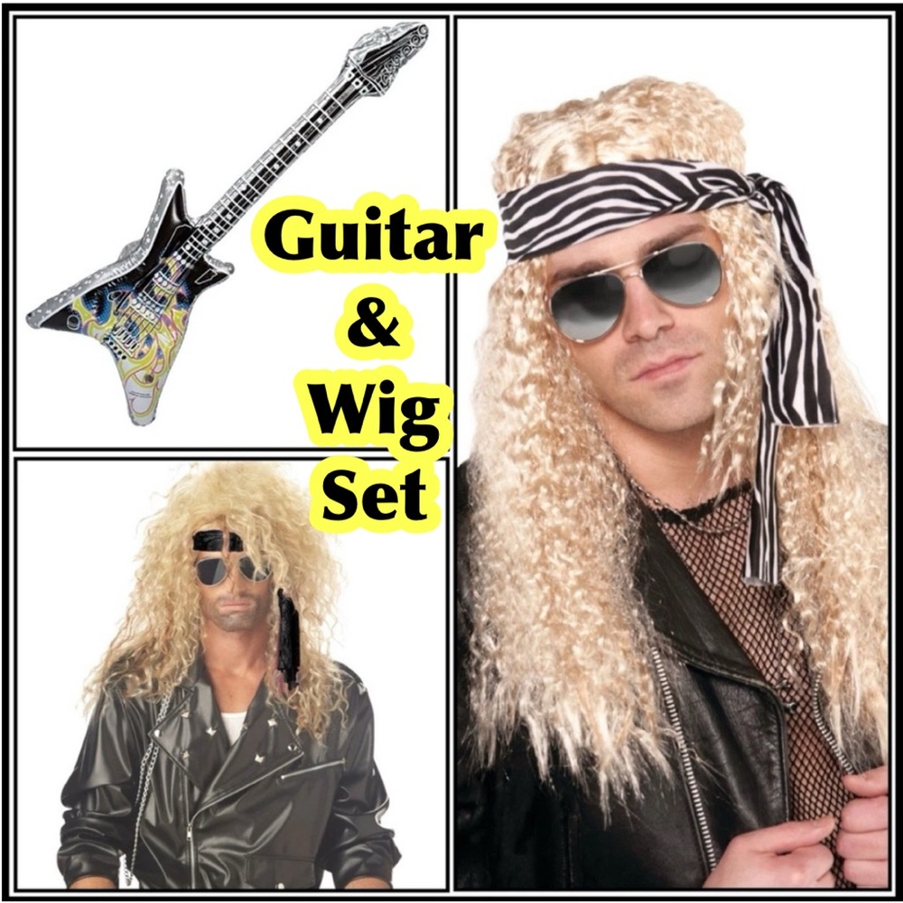 Hard Rocker Wig 80's Rock Star With Inflatable Guitar Accessory